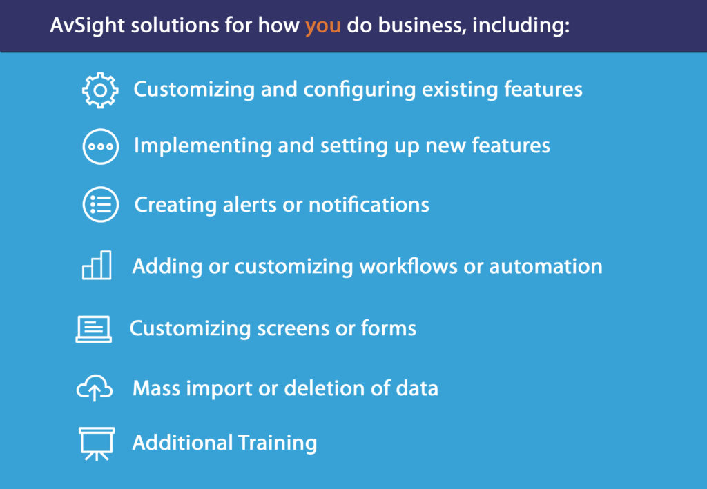 Customizing existing features via modification of available configurations. Implementing new features requiring additional configuration, setup, and training. Adding or customizing workflows or automation. Create alerts and notifications. Customizing screens or forms. Mass imports or deletion of data. Additional training.